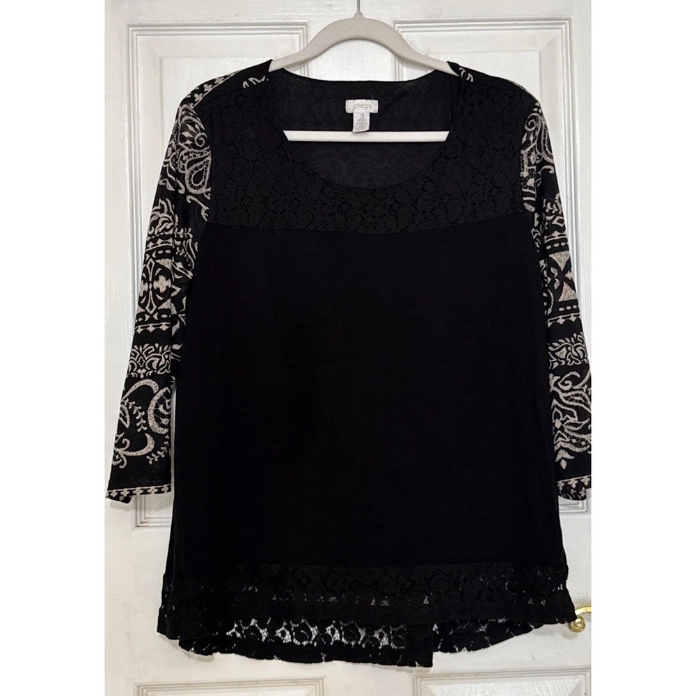 Chico's Women's Black Lace Trimmed Tunic Top Sheer Sleeve Size 3 Large‎ Boho